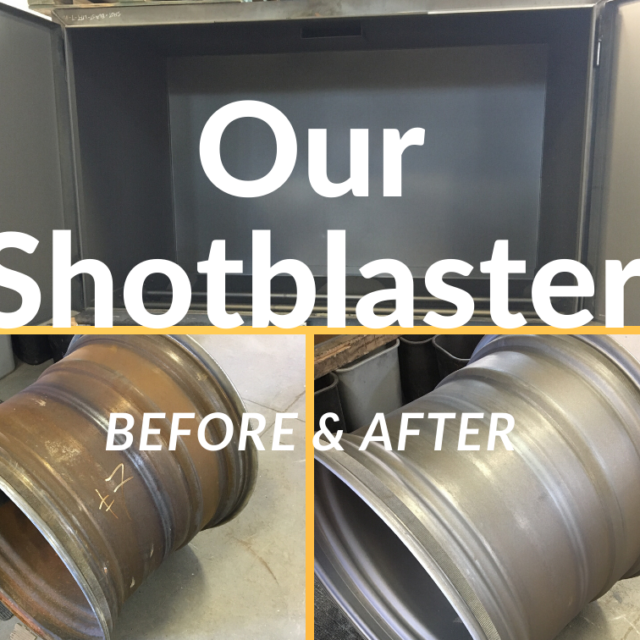 Before and after images of large metal pieces being cleaned using Shotblaster