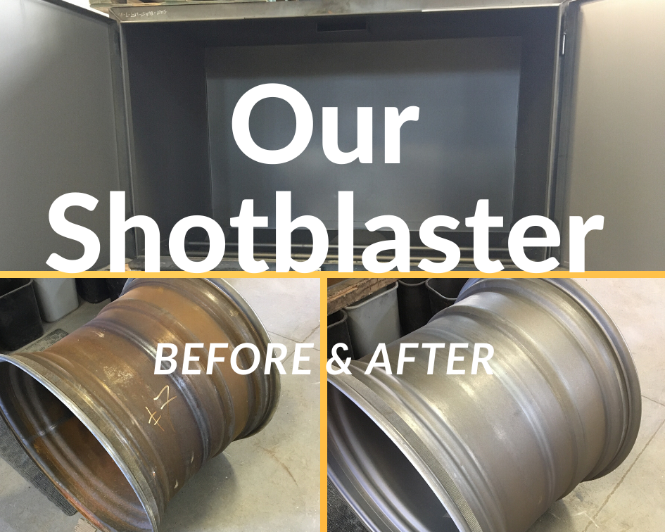 Before and after images of large metal pieces being cleaned using Shotblaster
